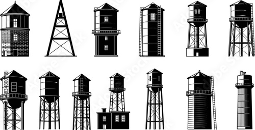Black silhouette vector icons of various vintage and modern elevated water towers, tanks, and liquid storage structures; industrial, municipal, and old-fashioned water supply system elements.