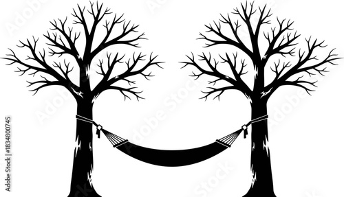 Black silhouette vector illustration of a comfortable fabric hammock swaying between two bare trees; symbol of relaxation, vacation, and rustic outdoor rest.