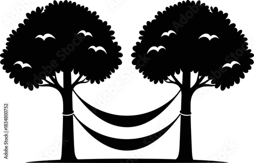 Black silhouette vector of a double hammock suspended between two large, leafy trees with flying birds; symbol of tropical vacation, outdoor relaxation, leisure, and summer rest.