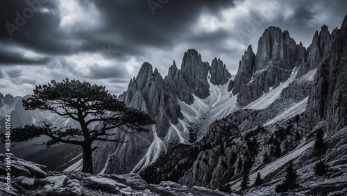 A solitary tree stands against a dramatic black and white mountain range under a stormy sky.