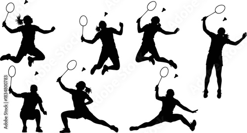 Black silhouette vector set of female badminton players in various dynamic action poses, including jumping, smashing, and lunging shots; sport, competition, and fast-paced game graphic.
