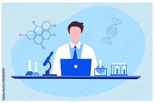 : Professional scientists, doctors and chemical researchers working and analysis in laboratory experiment vector Illustration. Medical laboratory, research experiment biology molecular concept.