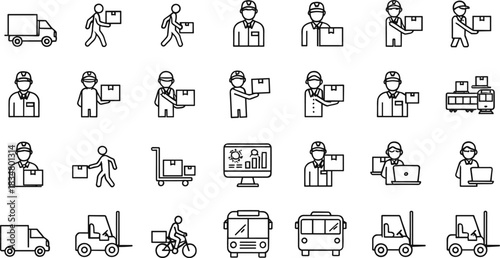 Logistics icons, delivery service, transportation symbols, shipping workers, courier trucks, forklifts, supply chain, e-commerce delivery, warehouse operations, package distribution