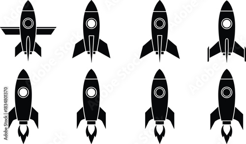 Rocket icons set, black silhouette rockets, space exploration symbols, spaceship vector collection, launch design elements, futuristic technology illustration, astronaut graphic pack