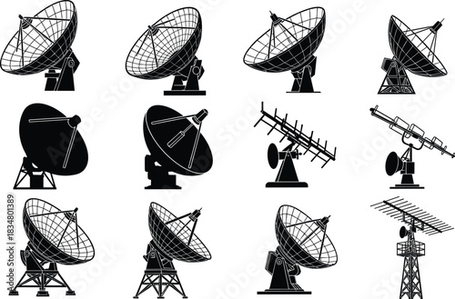 Satellite dish silhouette, antenna vector, parabolic communication dish, radio tower illustration, satellite network icon, broadcasting signal, telecommunication equipment, wireless technology