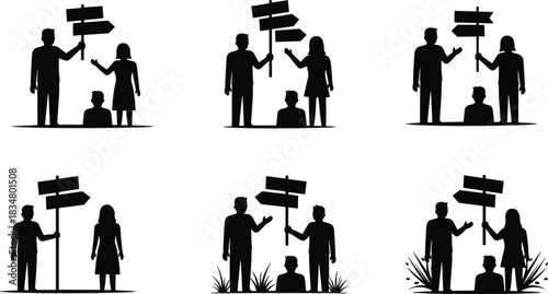 Silhouette people at crossroads, decision making, teamwork, guidance, direction signs, business choices, leadership, uncertainty, career path, opportunity, future planning