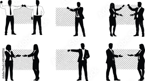 Silhouette people communication, teamwork discussion, chain link fence barrier, men and women interaction, pointing gesture, collaboration concept, boundary analysis, problem solving