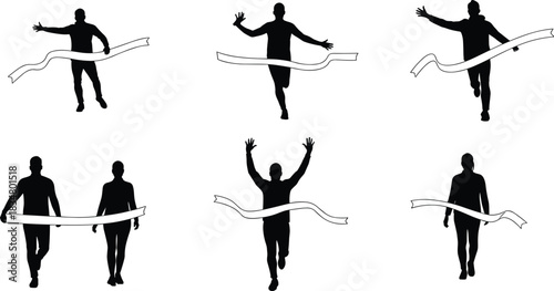 Silhouette people crossing finish line, running victory, teamwork success, race competition, achievement celebration, sports winner, goal completion, triumph concept illustration