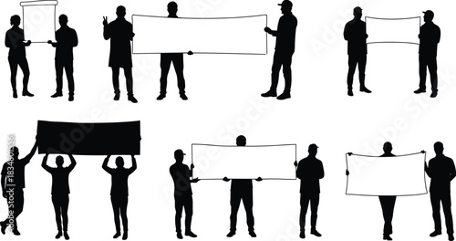 Silhouette people holding blank protest signs, demonstration crowd with banners, activists showing empty posters for message, rally communication, public awareness illustration