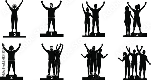 Silhouette people on podium, winners celebrating victory, teamwork success, competition ranking, award ceremony illustration, group achievement, sports champions, leadership concept