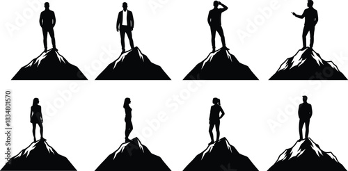 Silhouette people standing on mountain peaks, business success teamwork leadership concept, achievement vision challenge winner goal determination career growth ambition