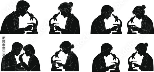 Silhouette scientists using microscope, laboratory research, medical study, biology experiment, scientific discovery, education, healthcare analysis, teamwork innovation, academic science illustration