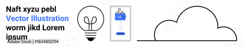 Innovation, technology solutions, mobile design, online storage, cloud computing, creative thinking. Minimal lightbulb, a phone interface and a cloud outline. Innovation and technology solutions