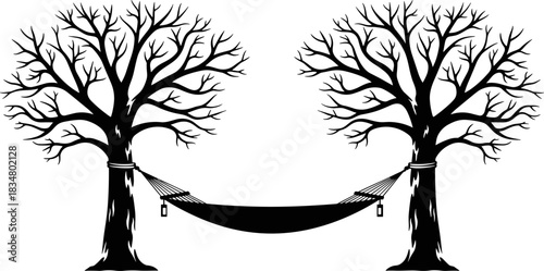 Black vector silhouette of a hammock tied between two bare trees, illustrating peaceful rest, natural setting, outdoor leisure, winter relaxation, and a tranquil wilderness holiday concept