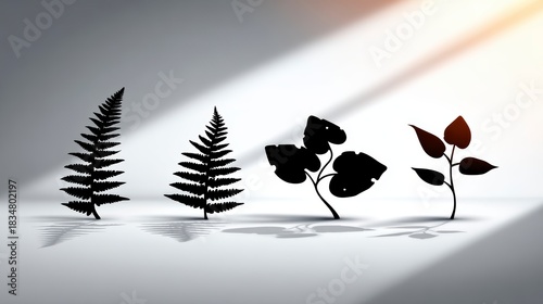 Silhouettes of two ferns and a budding plant against a bright gradient background with sunlight