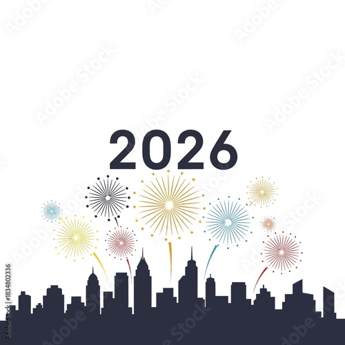 Happy New Year 2026 fireworks celebration over city skyline.