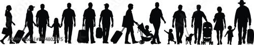Group of Diverse People Silhouette Walking with Suitcases and Stroller Vector Illustration, Representing Travel, Family Vacation, Tourism, Journey, Airport, and Holiday Trip Design