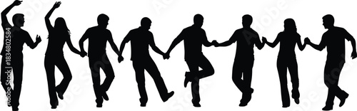 Group of People Silhouette Dancing in a Line Holding Hands Vector Illustration, Celebrating Unity, Teamwork, Joy, Community, Friendship, and Fun Social Event Design