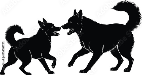 Two Aggressive Dogs or Wolves Silhouettes Fighting Vector Illustration, Representing Conflict, Confrontation, Dominance, Protection, Wildlife, and Power Struggle Concept Design
