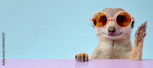 A template for creative advertising. A happy meerkat promoting a product. Copy space for text. 