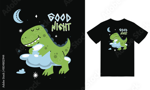 Cute dinosaur sleeping in the clouds illustration with tshirt design premium vector