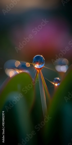 Macro view of clear water droplets reflecting light on green leaves with bokeh background