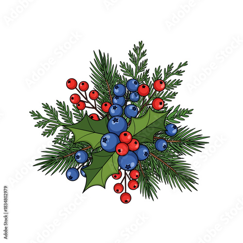 Holiday Floral Arrangement Illustration with Holly, Blueberries, and Pine Branches
