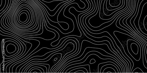 abstract topographic map with white contour lines and black background depicting abstract terrain and elevation patterns.