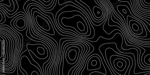 abstract topographic map with white contour lines and black background depicting abstract terrain and elevation patterns.