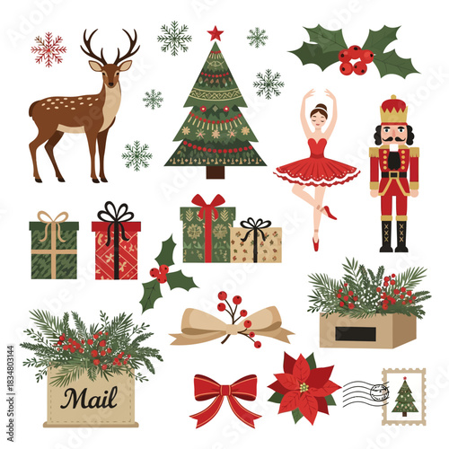 Christmas Set with Nutcracker, Deer, Ballerina, Gifts, and Festive Winter Decorations
