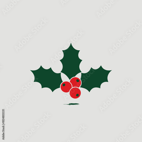 Flat Design Christmas Holly Sprig Icon with Red Berries and Green Leaves on a Subtle Background