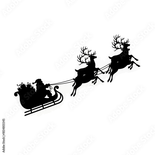 Black Silhouette of Santa Claus Flying in Sleigh Pulled by Reindeer on White Background