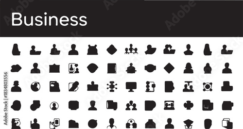 A diverse collection of clean and minimalist black vector business icons, perfect for modern corporate presentations, web design, and digital marketing materials