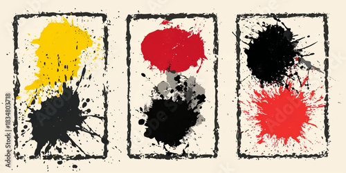 Abstract expressionist art with bold splatters of yellow red and black paint in vertical rectangles