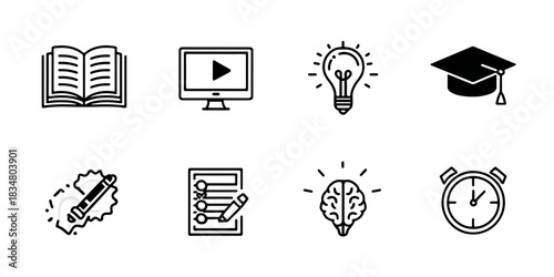 Collection of education and learning icons including book graduation cap lightbulb and computer screen