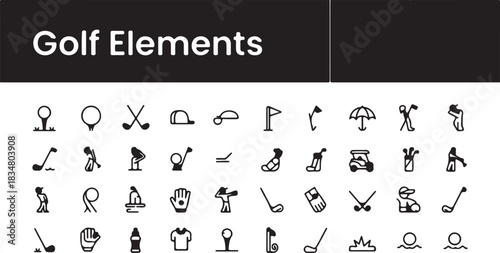 A comprehensive collection of minimalist vector golf icons, showcasing various sport elements and equipment for diverse design projects