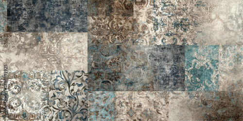 Abstract mosaic of distressed textures and faded vintage patterns in muted earthy tones