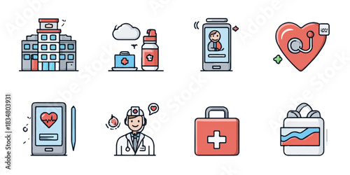 Collection of healthcare and medical icons representing hospital services and doctor consultation