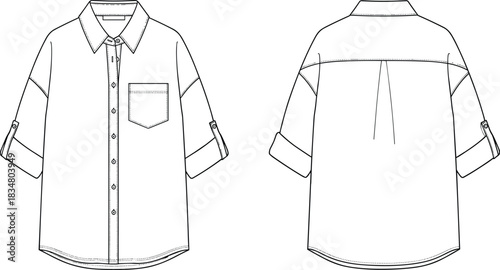 Vector technical fashion flat sketch of men's oversized shirt featuring roll-up sleeves, chest pocket, dropped shoulders, and back yoke details