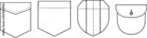 Collection of vector technical fashion flat sketches showing four distinct garment patch pocket designs with stitching details and button flap