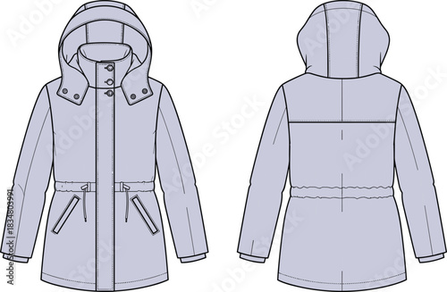 Vector technical fashion flat sketch of women's hooded winter parka coat featuring drawstring waist, angled pockets, and front and back views