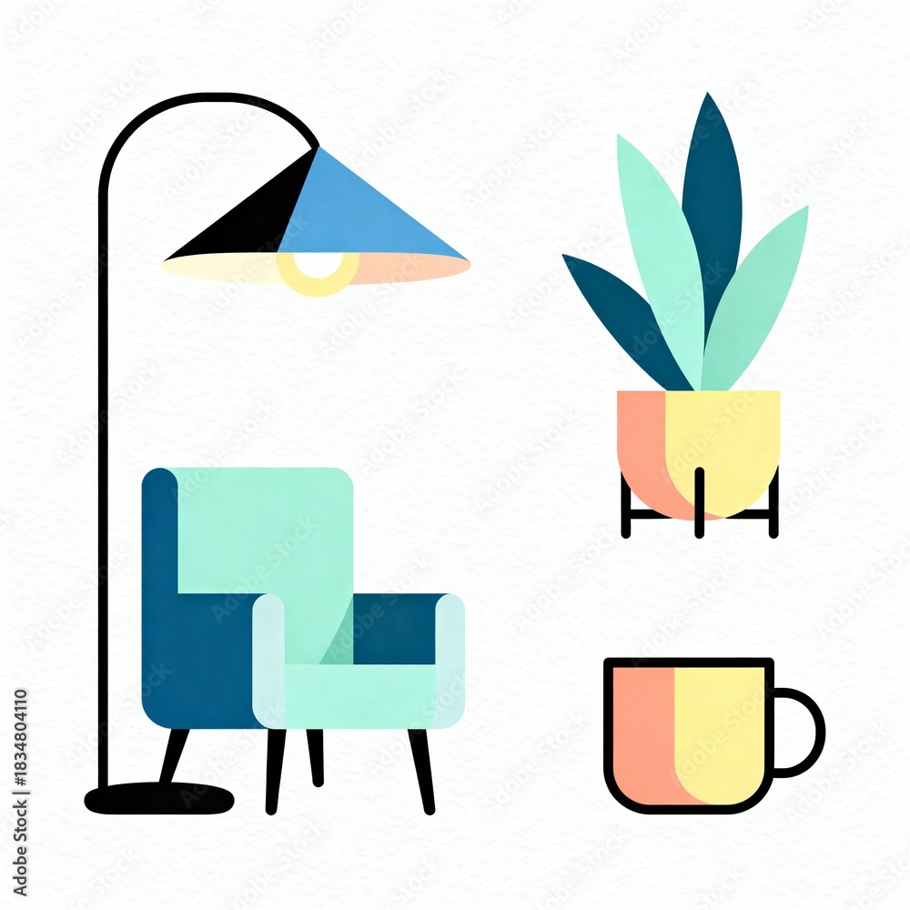 Fototapeta premium Cartoon Style Flat Vector Icons Set — Minimal Home Icons on White