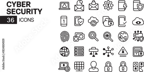 Modern minimalist line icons for cyber security, data protection, and internet privacy, ideal for secure digital technology and online safety infographics