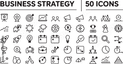 A comprehensive set of minimalist line icons representing business strategy, marketing, and financial growth concepts for web and app design