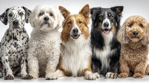 Wallpaper Mural Variety of dog breeds sitting together in row on white background, showing different coat colors and textures with friendly and calm expressions Torontodigital.ca