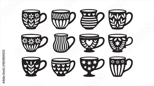 Silhouette collection of stylized mugs showcasing unique decorative patterns for cozy, home, and creative graphics