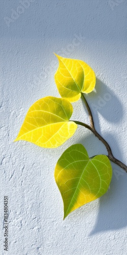 Three textured green and yellow leaves on a textured white wall with shadows