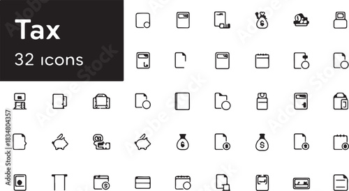 Tax Icon Set Financial Document, Piggy Bank, and Money Bag Icons for Tax Preparation