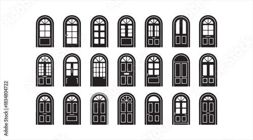 Set of decorative arched door icons with window panes, panels, and ornate frames for architecture and design projects