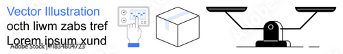 Decision-making, e-commerce, logistics, weighing accuracy, artificial intelligence, user interface design. Icon set with hand on a control panel, a package and a balance. Decision-making